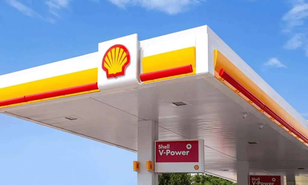 Shell petrol station canopy with Shell V-Power premium fuel signage