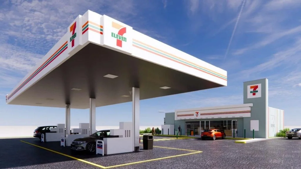 Fuel price map with BP, Shell, Ampol, and 7-Eleven markers across an Australian metro area