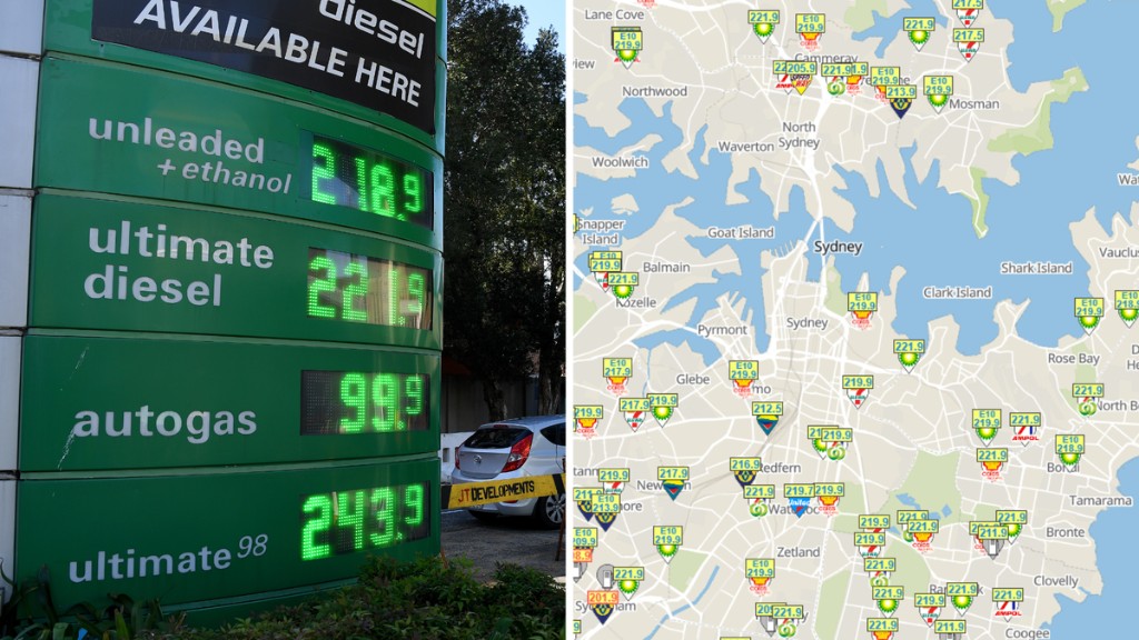 BP fuel price board beside a Sydney metro fuel price map with station markers