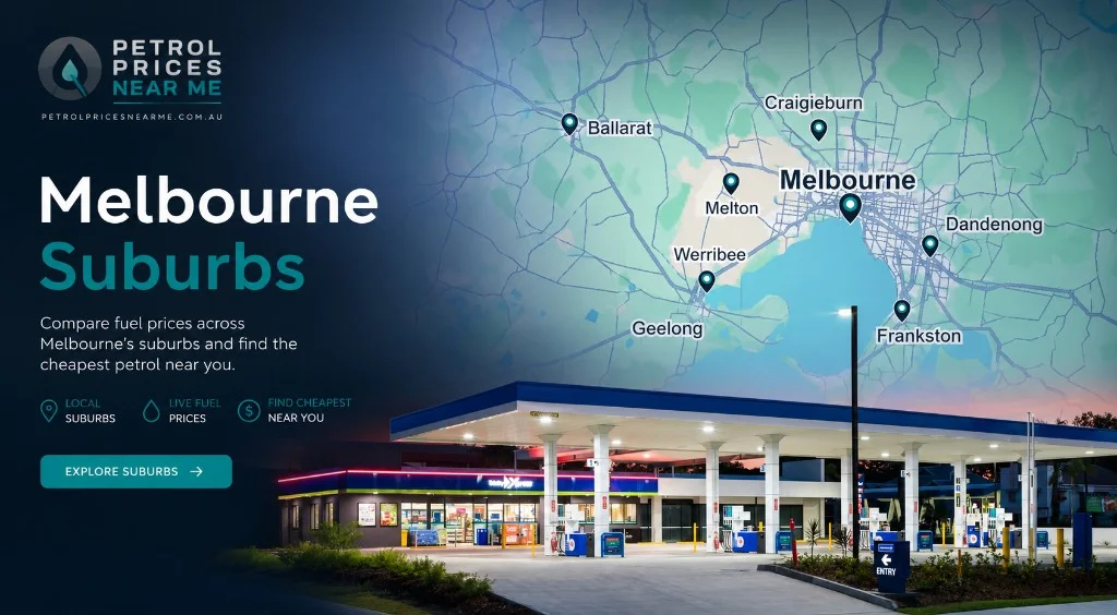 Petrol Prices Near Me Melbourne suburbs hub — Greater Melbourne map with live fuel prices at petrol stations