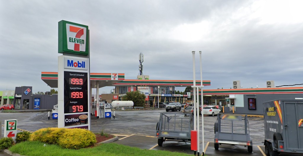 7-Eleven and Mobil petrol station at 380 Morris Road, Hoppers Crossing, with price board and forecourt canopy